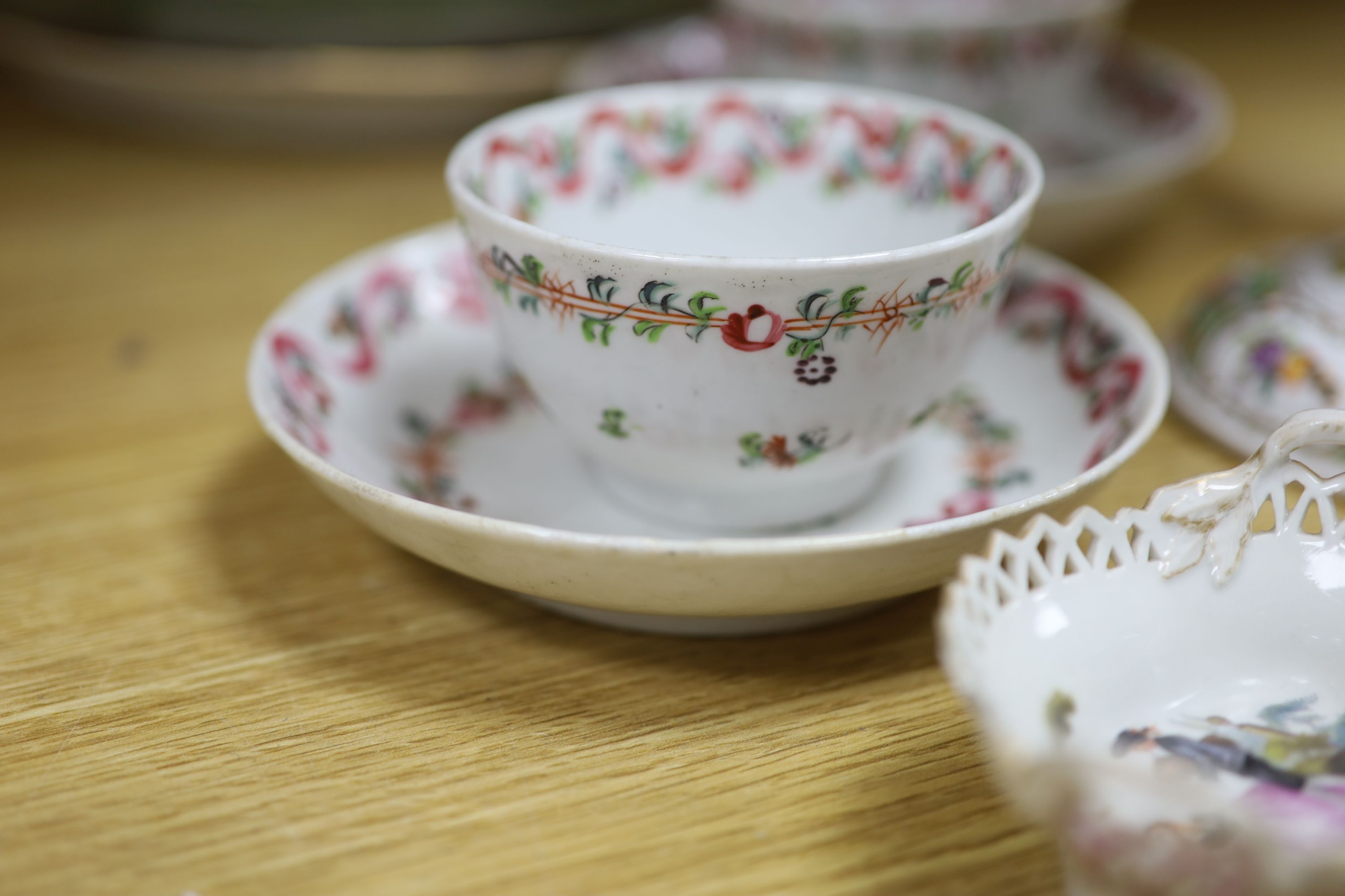 An early 19th century Newhall pattern 594 teapot, two pairs of Newhall tea bowls and saucers and mixed ceramics